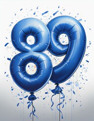 Blue birthday / anniversary balloon, number 89, white background with confetti