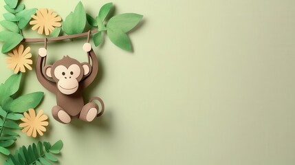 Fototapeta premium Monkey hanging on a branch surrounded by leaves and flowers.