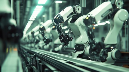 Fototapeta premium A row of robotic arms assembling parts on an automated assembly line in a modern manufacturing facility.