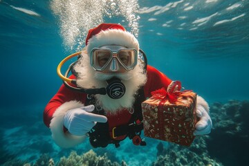 Scuba diving santa claus delivering gift underwater for christmas