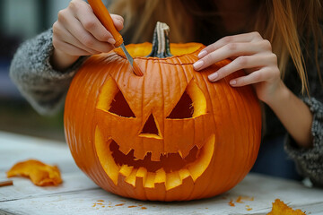 Generative AI photo of funny halloween pumpkins outdoors horror autumn night decor