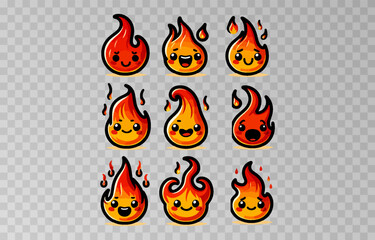 Set of fire cartoon character vector illustration on transparent png background.