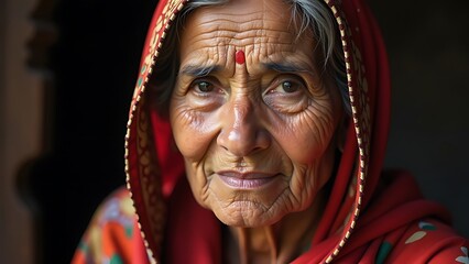 Elderly woman from Punjab in Phulkari ensemble, ageless grace and vibrancy