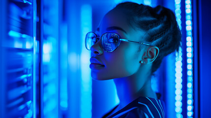 Black female cyber security analyst analysing AI cyberspace threats on computer in dark tech office data centre. Blue lighting. African american IT specialist ethical hacking, Blue glowing server room