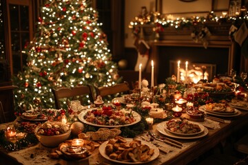 Christmas table setting with burning candles and blurred christmas tree in background