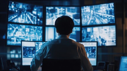 Fototapeta premium A security guard monitoring several screens inside a banks security control room, tracking activity in various areas of the bank.
