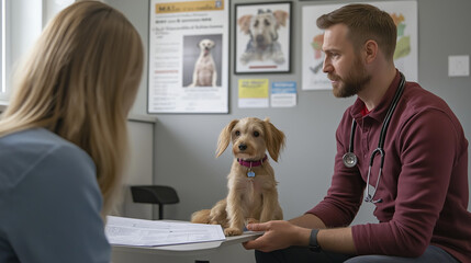 Veterinarian explaining pet treatment plan to dog owner in modern consultation room with medical charts and health posters. Professional pet care with attentive small dog on owner's lap in bright