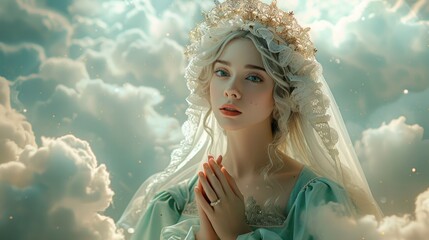 Naklejka premium A serene figure in ethereal clouds, her hands clasped in prayer as gentle light envelops her in a mystical atmosphere. Generative AI