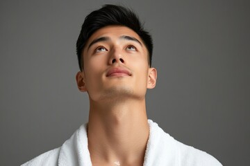 Fototapeta premium Thoughtful Man Looking Upwards in White Bathrobe