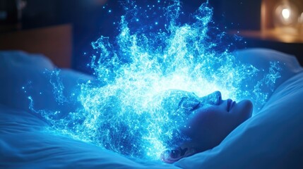 Dreamlike energy: woman sleeps as her mind glows with electric blue aura