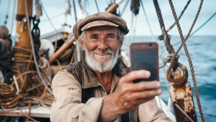 a old sailor with on an old fishing boat takes a selfie