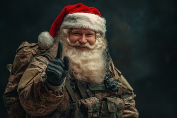 Serious military santa claus wearing bulletproof vest and holding assault rifle