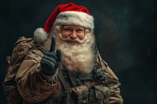 Serious military santa claus wearing bulletproof vest and holding assault rifle