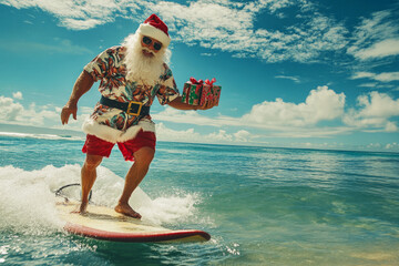 Santa claus wearing sunglasses and hawaiian shirt surfing with a present