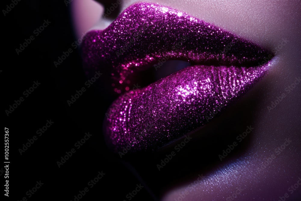 Aufkleber close-up of glossy lips showcasing a vibrant, shiny finish with sparkling glitter in a dark setting.