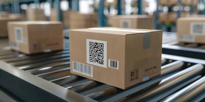 Boxes Moving on Conveyor Belt in Warehouse