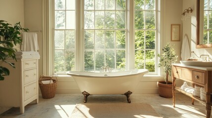 Fototapeta premium A spa-like bathroom with natural light streaming in through large windows, featuring a clawfoot tub.