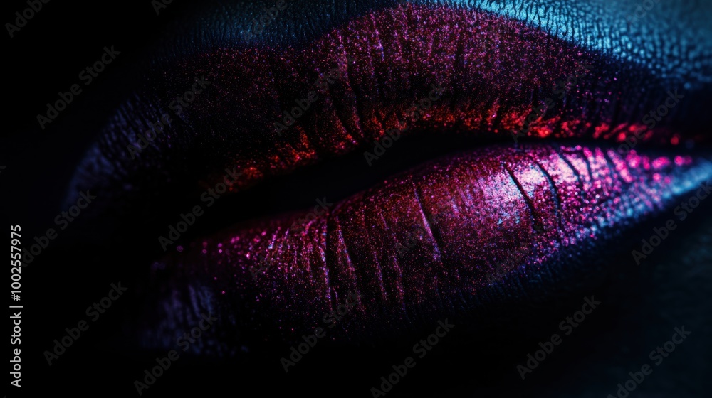 Poster Close-up of vibrant glossy lips glistening under soft light, creating a striking beauty effect at an intimate setting. Generative AI