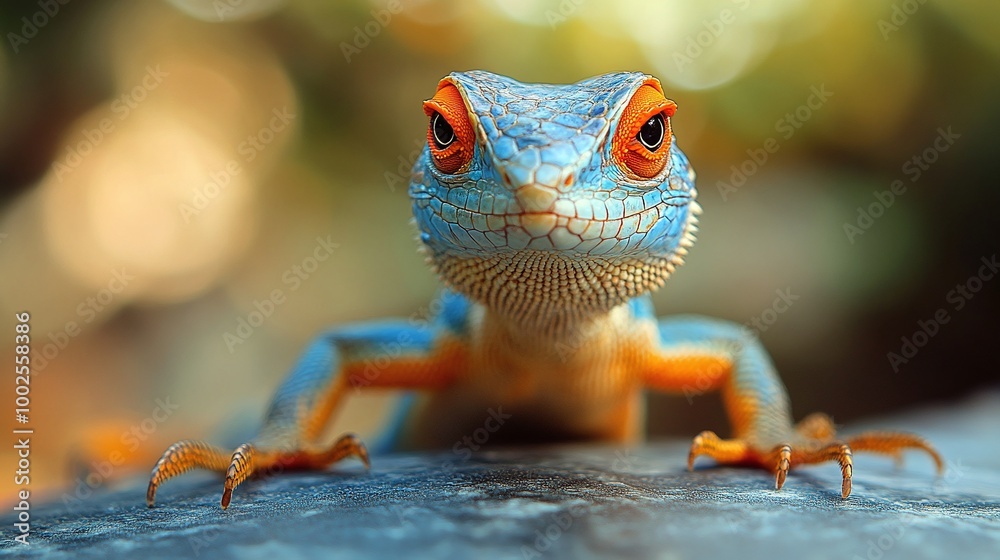 Wall mural macro shot of an agama lizard resting on a table capturing the intricate details of its scales and s