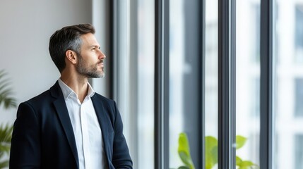Professional man looking out the window in an office setting