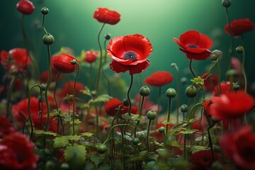 Fototapeta premium Red beautiful meadow flowers poppies grow on a meadow or in a garden. Spring flower background 