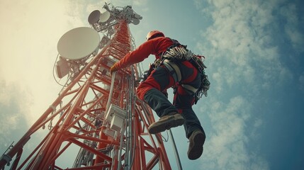 A technician climbing a telecommunications tower to perform maintenance on antennas and signal transmitters.