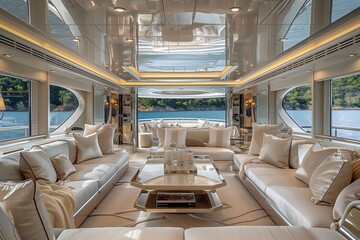 Fototapeta premium Elegant yacht interior with plush seating, large windows showing serene waters, perfect for relaxing and enjoying the scenery