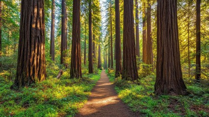 Obraz premium A towering redwood forest, with enormous trees stretching up into the sky, capturing the scale and grandeur of nature.