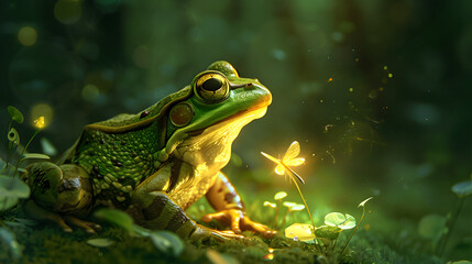 Fototapeta premium A cute little fantasy frog is playing with fireflies
