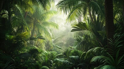 A tropical rainforest scene, with tall palms and dense undergrowth, capturing the vibrancy and diversity of plant life.
