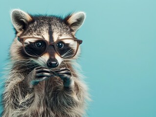 Fototapeta premium Curious Raccoon Examines Shiny Object with Nerdy Glasses Animal Wearing Glasses Concept