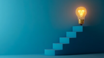 A glowing light bulb hovers over a set of blue stairs, symbolizing ideas, innovation, and the journey of enlightenment against a serene backdrop