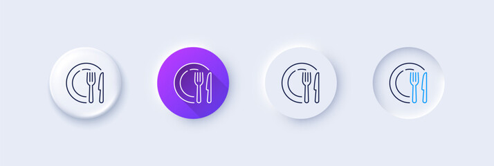 Dish line icon. Neumorphic, Purple gradient, 3d pin buttons. Tableware food plate sign. Kitchenware fork and knife symbol. Line icons. Neumorphic buttons with outline signs. Vector