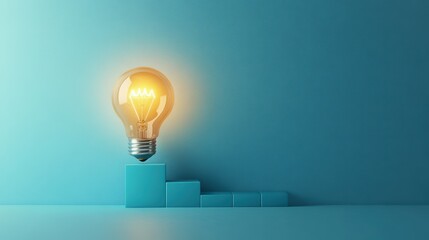 A glowing light bulb sits atop increasing graph-like blocks against a teal background, symbolizing innovation, ideas, and growth