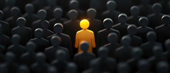 Fototapeta premium A single illuminated figure stands out among a crowd of dark silhouettes, symbolizing individuality and uniqueness in a sea of uniformity
