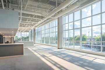 Bright and spacious modern office interior with large windows and natural light. Generative AI