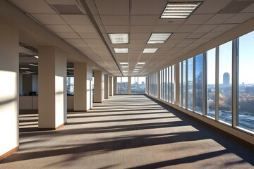 Naklejka premium Bright and spacious empty office with large windows in a modern building. Generative AI