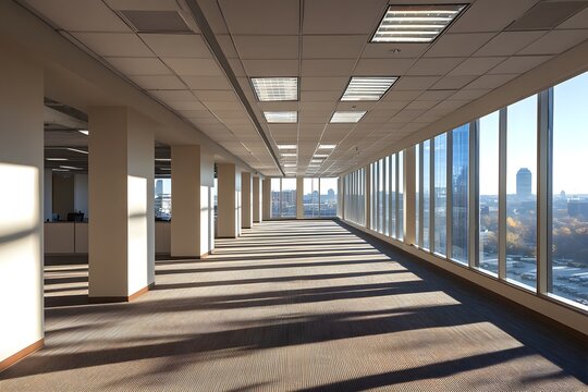 Bright and spacious empty office with large windows in a modern building. Generative AI