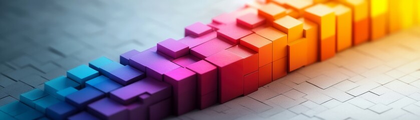 Obraz premium A vibrant array of colorful 3D blocks arranged in a gradient from blue to orange, creating a dynamic visual flow across a textured background