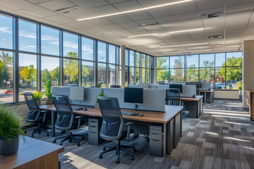 Modern office interior design with large windows and workstations in daylight. Generative AI