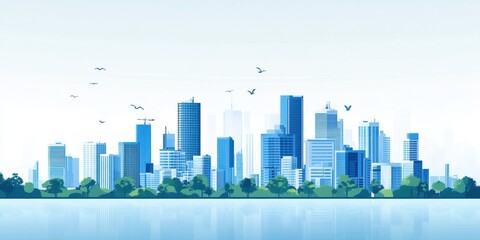 Obraz premium A serene city skyline with modern skyscrapers, surrounded by greenery, reflecting tranquility and urban beauty in a clear sky.