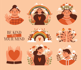 Mental health support. Set of vector illustrations with young people, persons, hands, heart, rainbow, brain, flowers, women, men. Naive minimal clip arts with cute cartoon characters. Flat stickers
