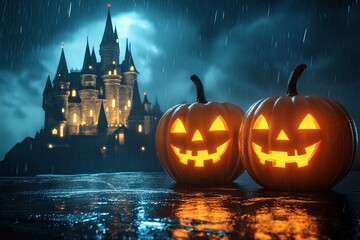 Two carved pumpkins glowing with candlelight, set against a magical castle and night sky