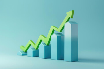 a histogram with a green arrow going up symbolizing business growth