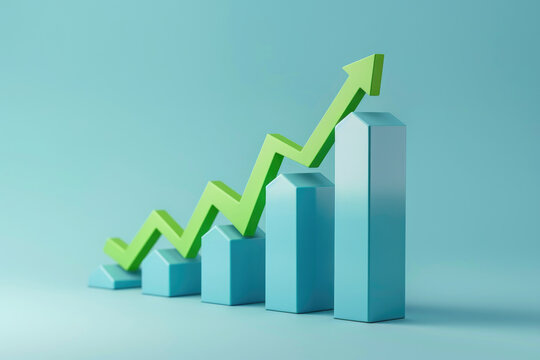 a histogram with a green arrow going up symbolizing business growth