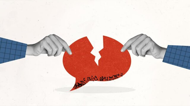 Motion collage of two hands cracking speech bubble throw alphabetic letters interaction problems concept