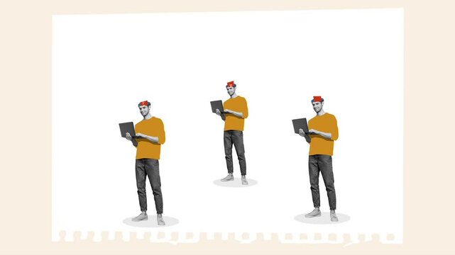 Motion collage of three people man using netbook reading fake news brainwashing mind control concept