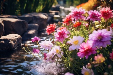 Pink cosmos flowers on blue sky background reflected in water.
