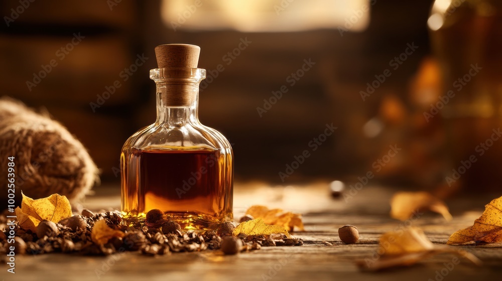 Aufkleber a close-up view of a whiskey bottle surrounded by autumn leaves and rustic decor on a wooden table i