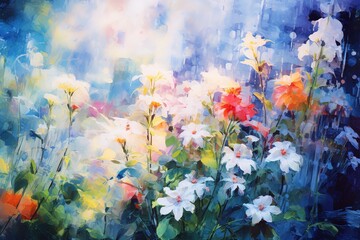 Watercolor paintings landscape, field of poppies and flowers, artwork, poster
